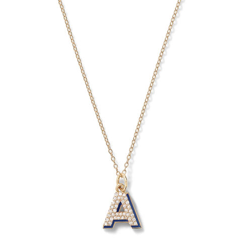 MINI SHADOW LETTER 14-carat gold, diamond and navy enamel necklace