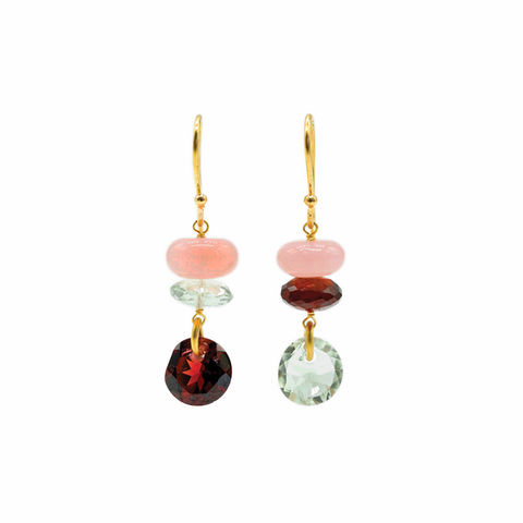 PINK OPAL green amethyst, red garnet and 14-carat gold drop earrings