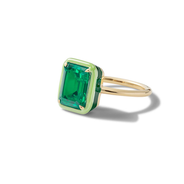 RECTANGULAR COCKTAIL 14-carat gold, emerald and enamel ring