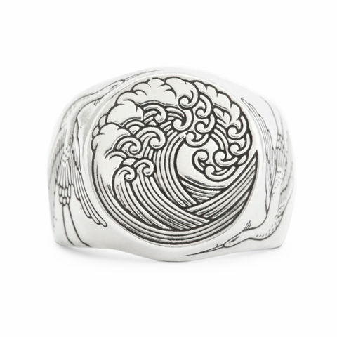 THE GREAT WAVE oxidised sterling silver signet ring