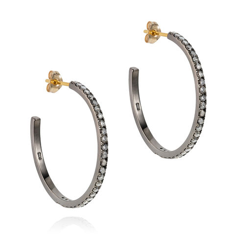 MIDNIGHT diamond and antiqued sterling silver hoop earrings