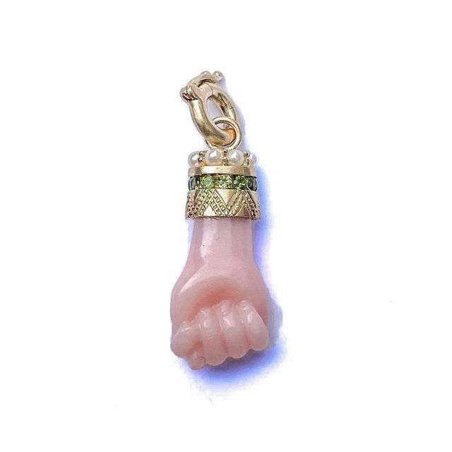 FLOSSIE 14-carat gold, pink opal, green tourmaline and pearl figa charm