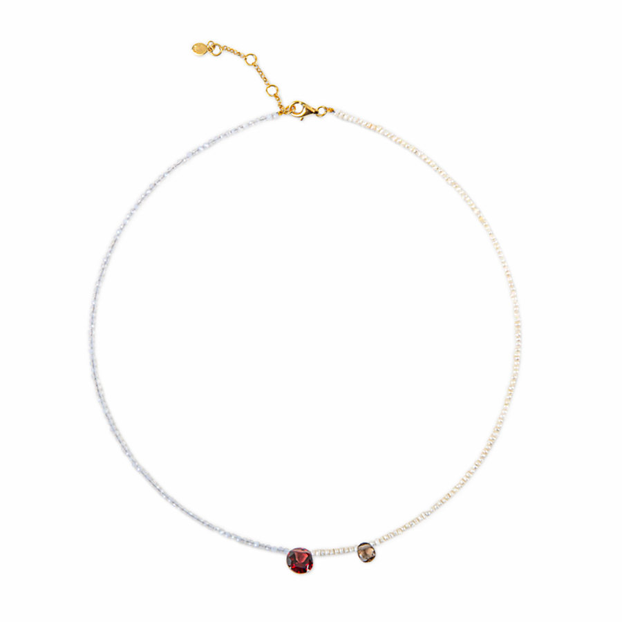 HALF FULL GARNET blue chalcedony, seed pearl and garnet necklace