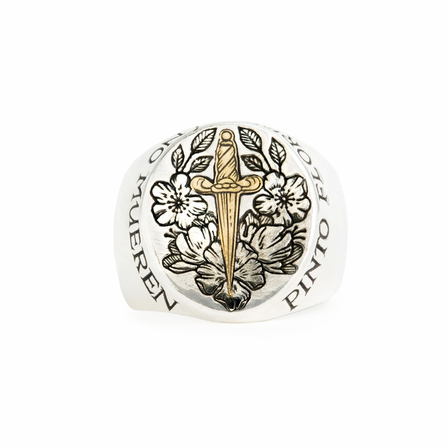 KAHLO oxidised sterling silver signet ring with 14-carat gold inlay