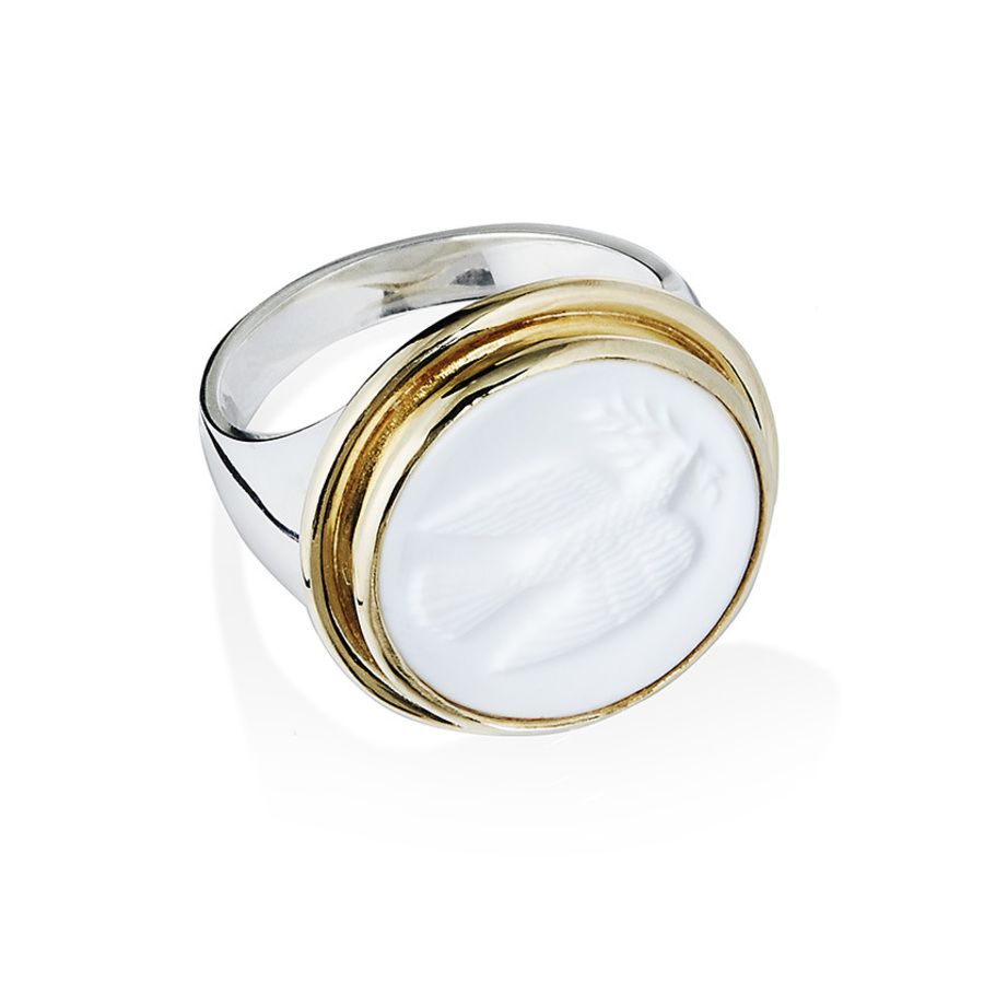 WHITE DOVE 9-carat gold, sterling silver and white chalcedony cameo ring
