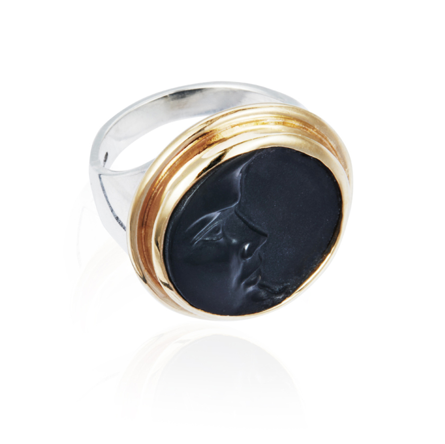 BECAUSE THE NIGHT 9-carat gold, sterling silver and onyx cameo ring