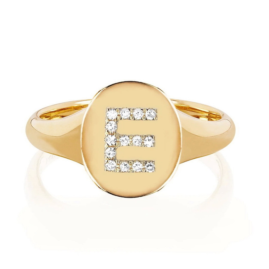 DIAMOND INITIAL 14-carat gold oval signet ring