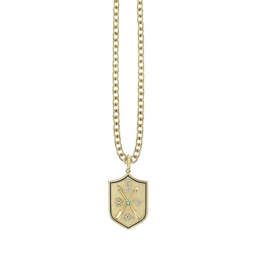 LARGE LOVE SCRIPT CREST 14-carat gold, diamond and enamel necklace