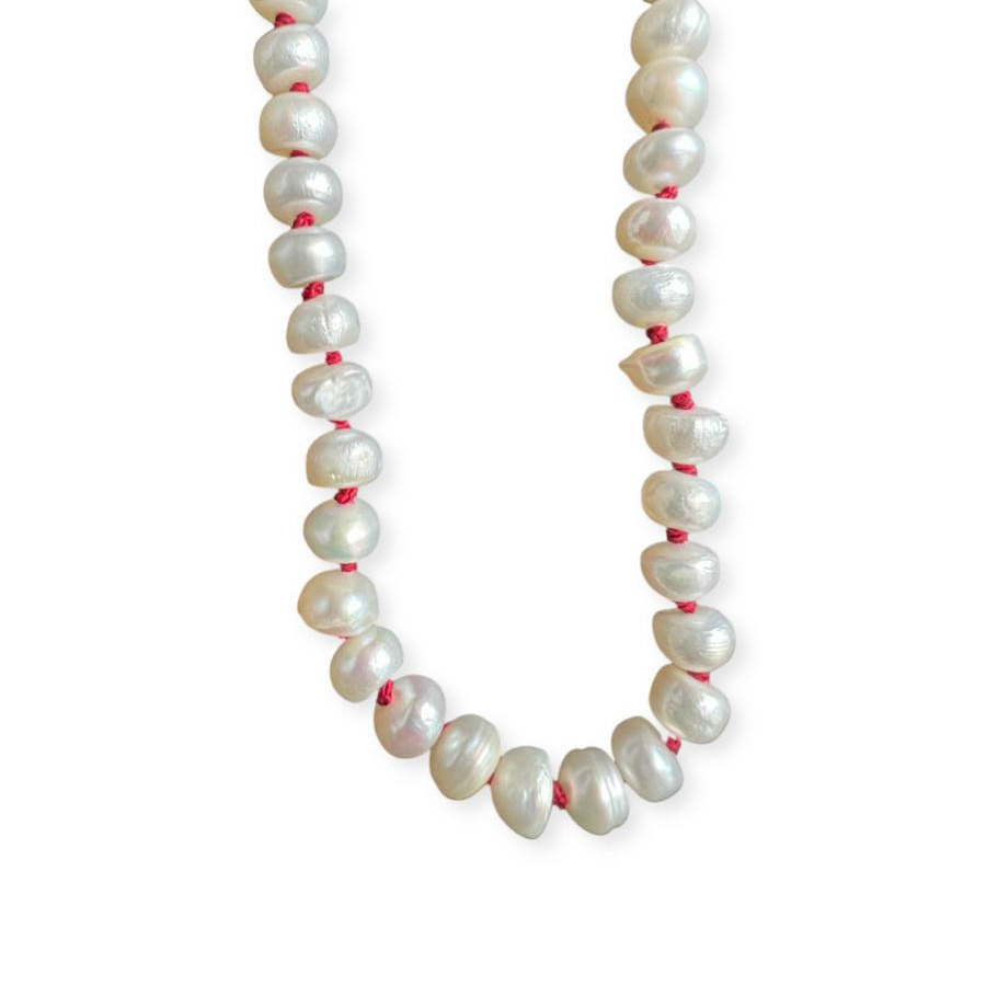 EXTRA LONG PEARL and garnet silk necklace