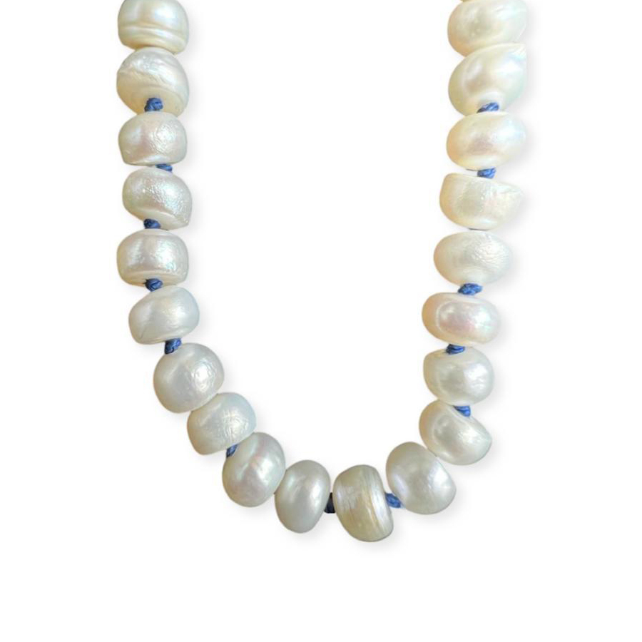 EXTRA LONG PEARL and navy silk necklace