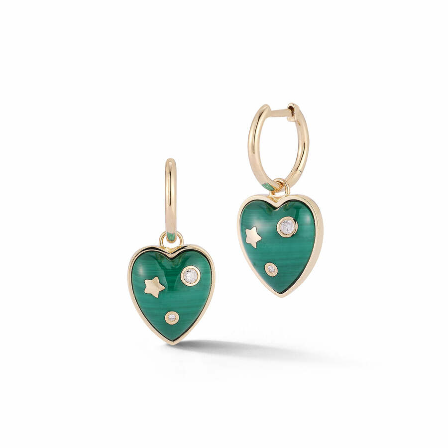 ANNE 14-carat gold, diamond and malachite heart huggie earrings