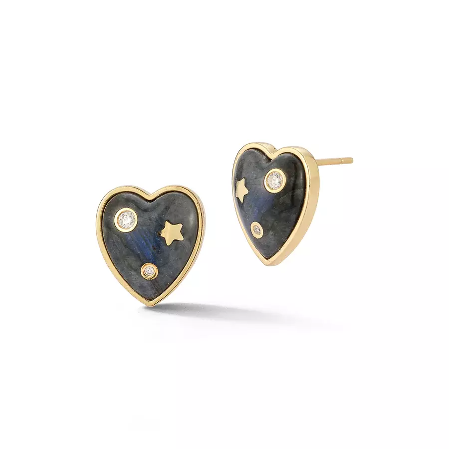 ANNE 14-carat gold, labradorite and diamond heart stud earrings