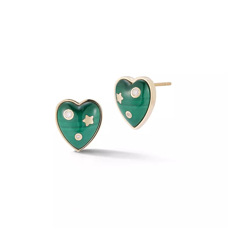 ANNE 14-carat gold, malachite and diamond heart stud earrings