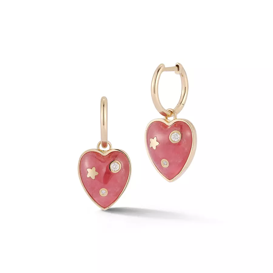 ANNE 14-carat gold, rhodochrosite and diamond heart huggie earrings