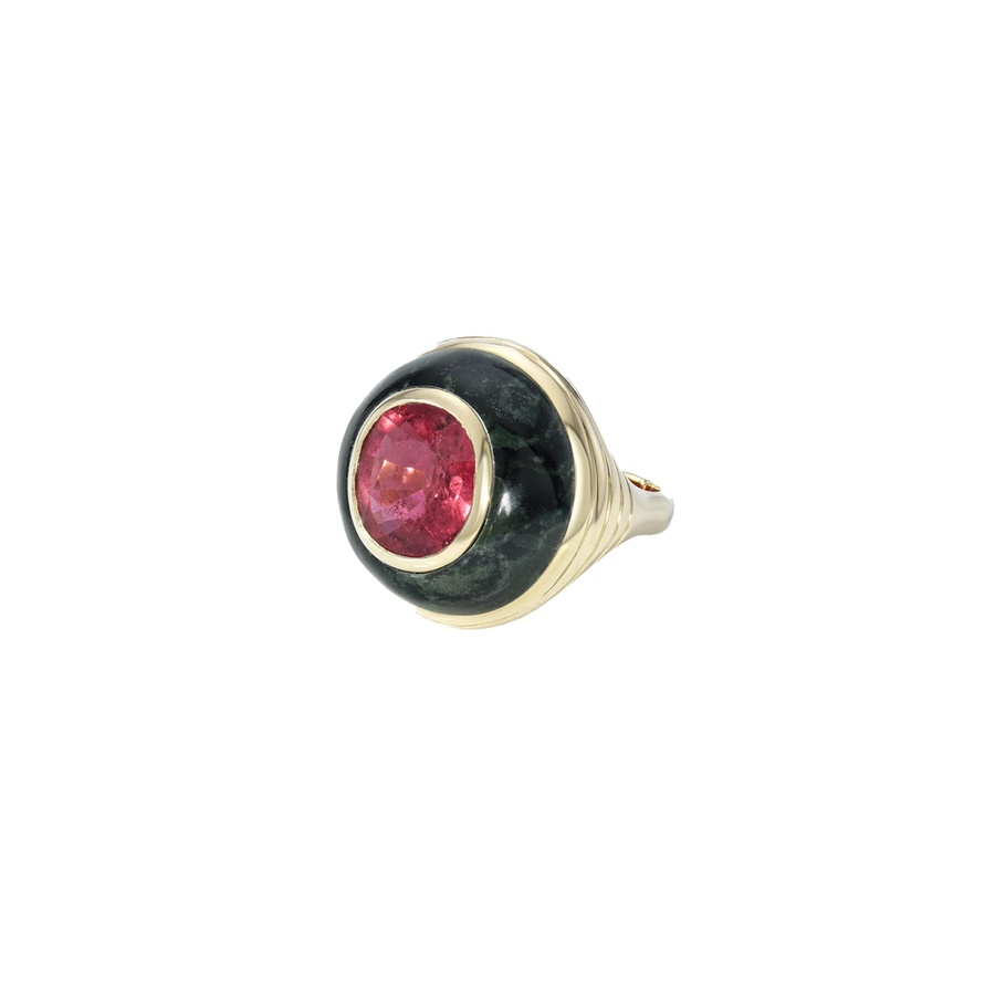 ONE OF A KIND PETITE LOLLIPOP RING – 3.32ct Tourmaline in Hand Carved Spotted Jasper