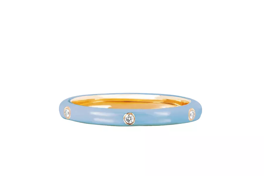 3 DIAMOND 14-carat gold light blue enamel stack ring