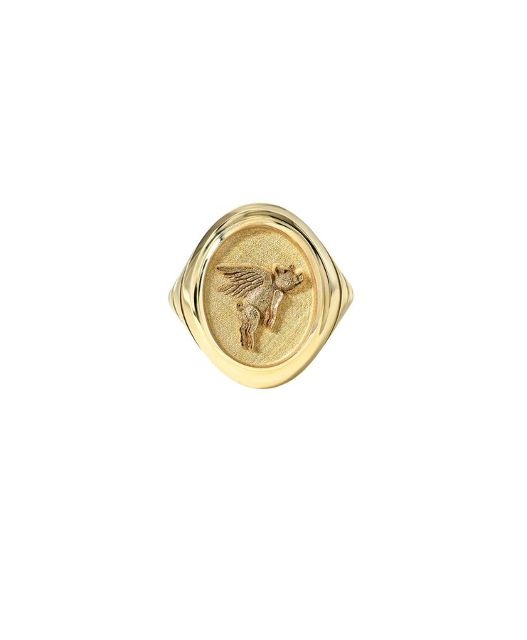 GRANDFATHER FLYING PIG Tiered Fantasy 14 - carat gold signet ring